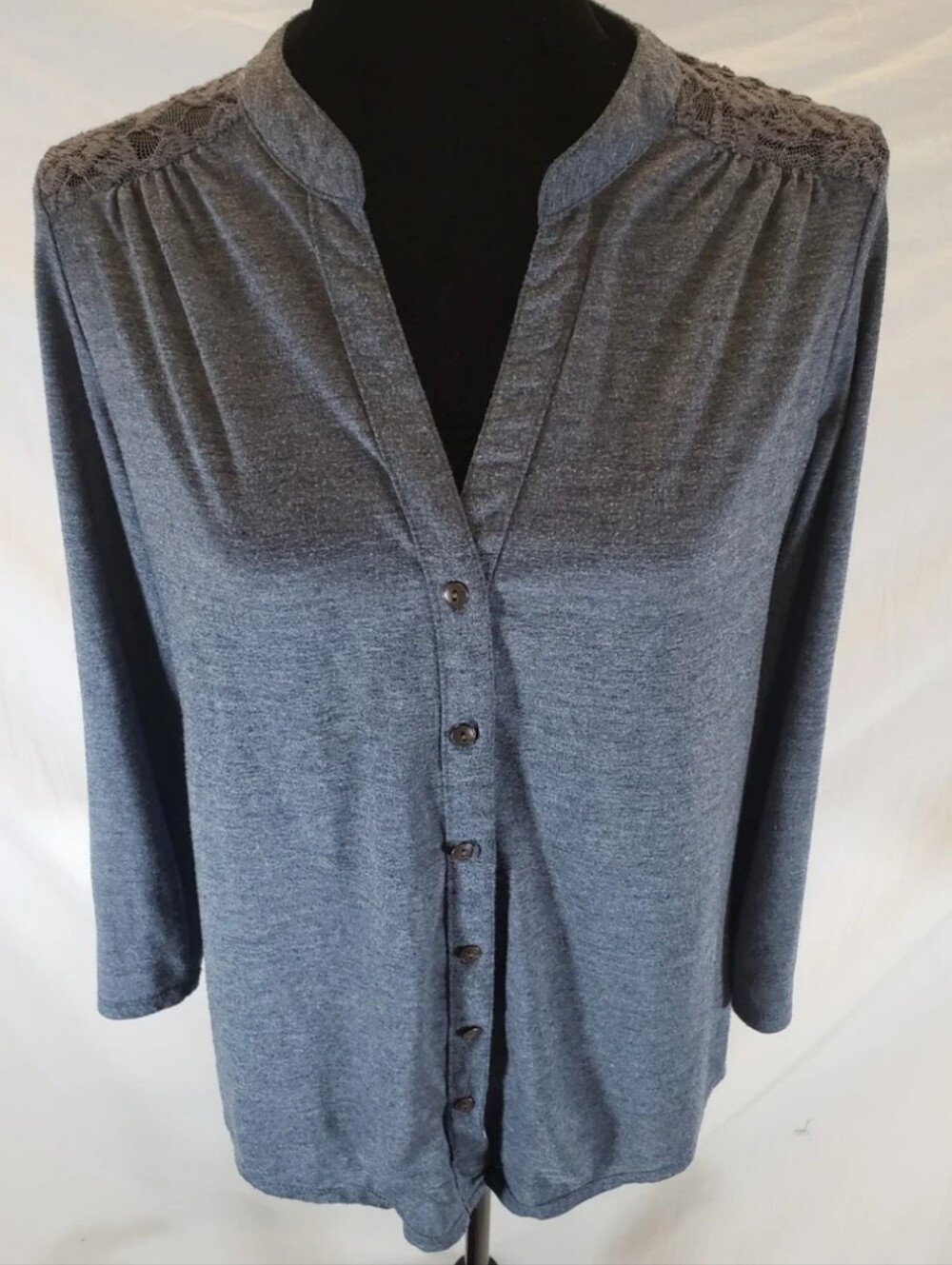Maurices Blue Button Down Lace 3/4 Length Sleeve Shirt Sz 0